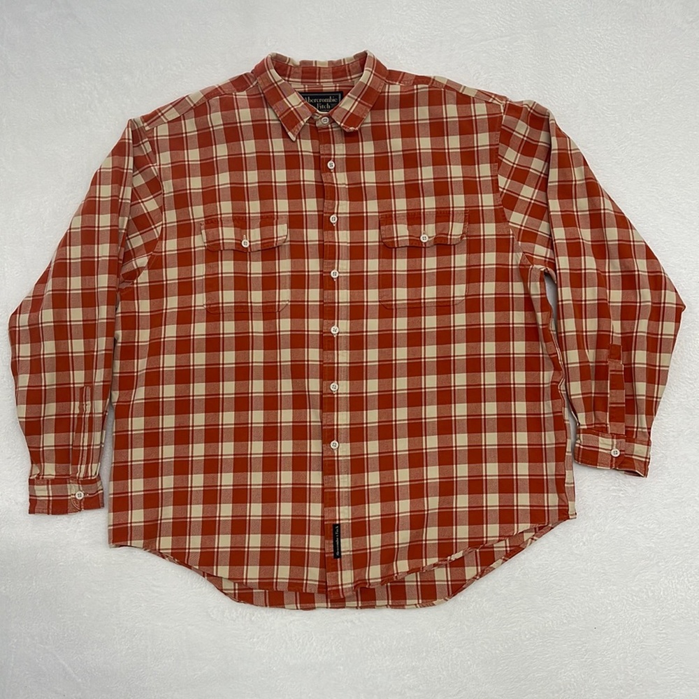 Vintage Abercrombie & Fitch Orange Plaid Heavyweight Button Shirt Men's XL